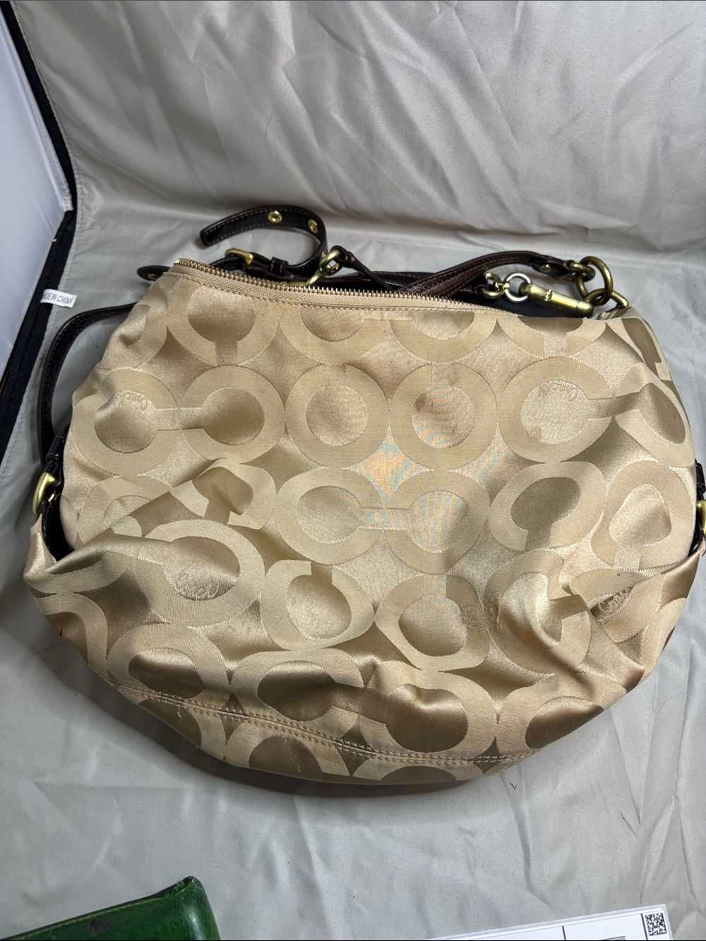 Coach Beige Signature Shoulder Bag with Brown Trim